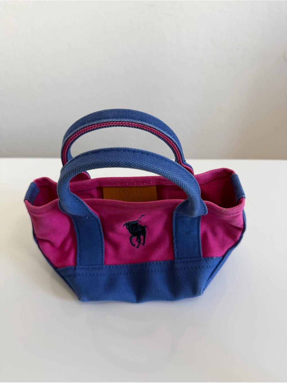 Vintage Polo Ralph Lauren Mini Canvas Tote Bag Pink & Blue Embroidered Pony